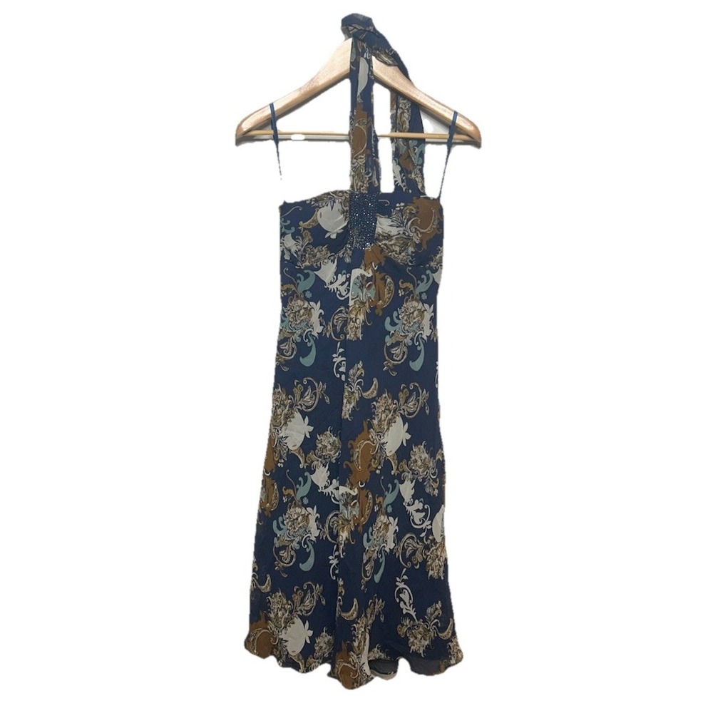 BCBG Paris Halter Dress 100% Silk Blue Floral Print Size 8 Y2K Vtg NWT